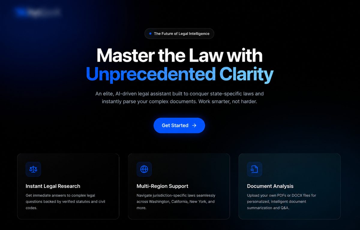 AI legal research assistant landing page showing instant legal research, multi-region support, and document analysis capabilities