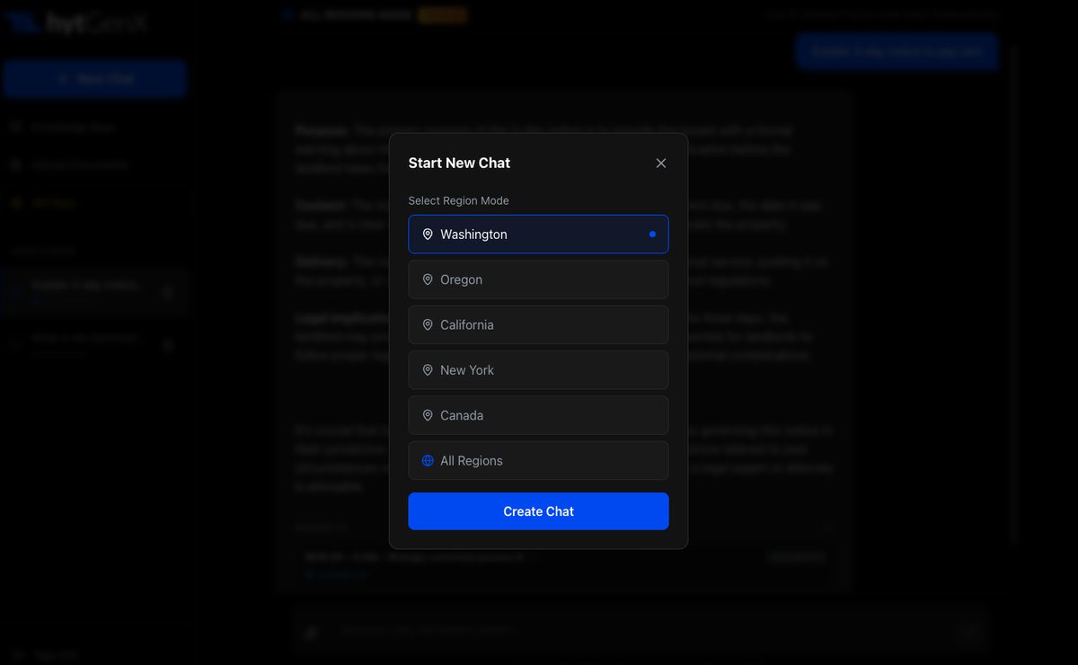 Region selection interface showing jurisdiction choice across Washington, Oregon, California, New York, Canada, and All Regions modes