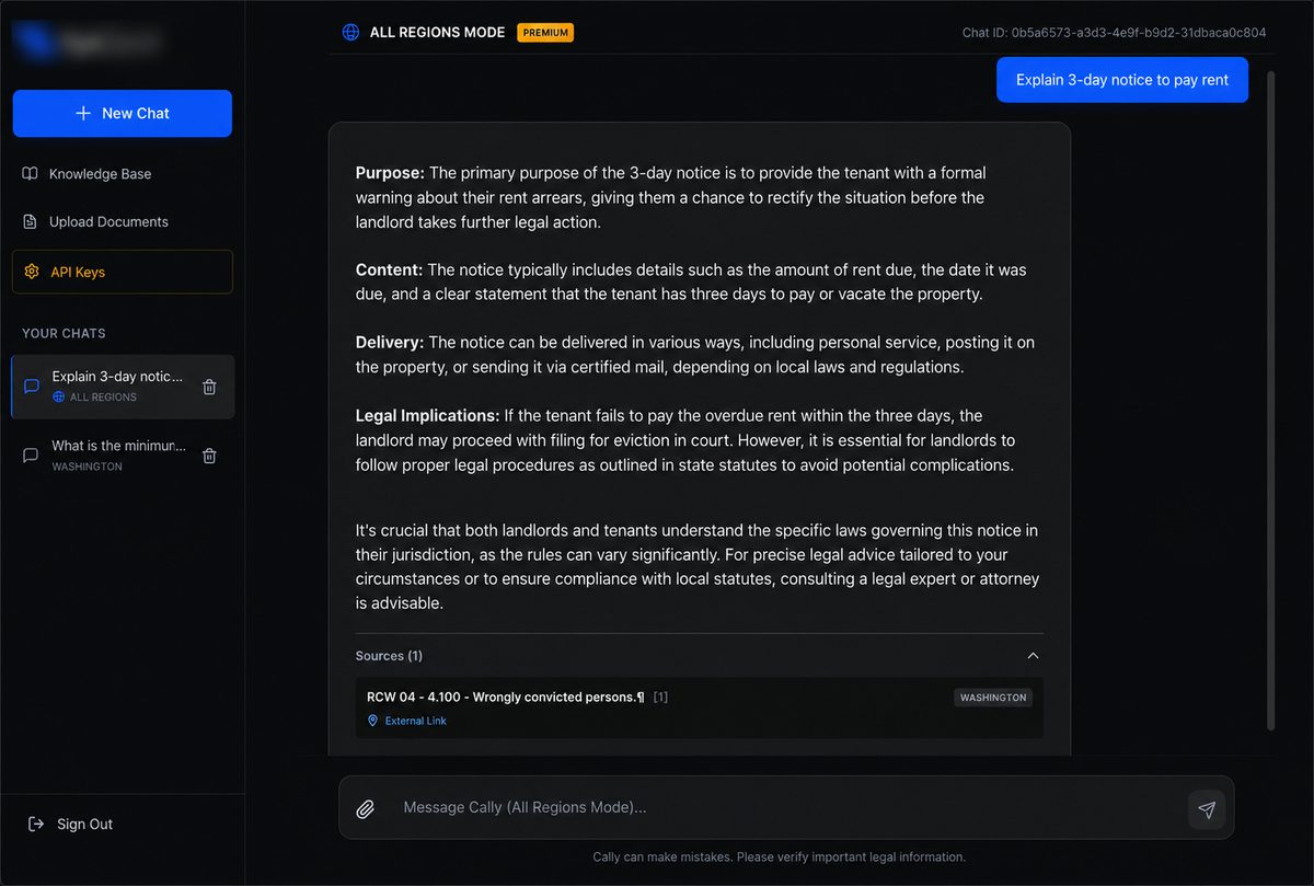 Legal AI assistant answering a query about 3-day eviction notice requirements with specific legal citations and source references