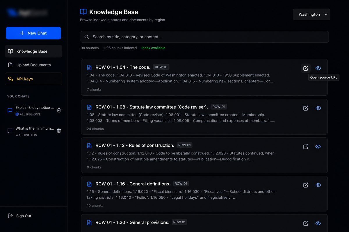 Knowledge base browser showing indexed Washington state statutes (RCW codes) with search and browse functionality across 1000+ chunks