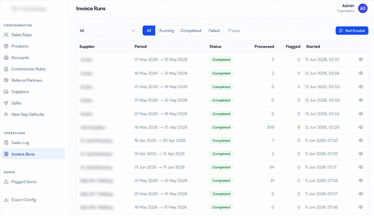 Sales commission and operations portal showing automated calculation runs with status tracking
