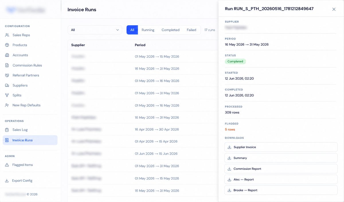 Commission run detail panel showing period, breakdown, and generated report documents